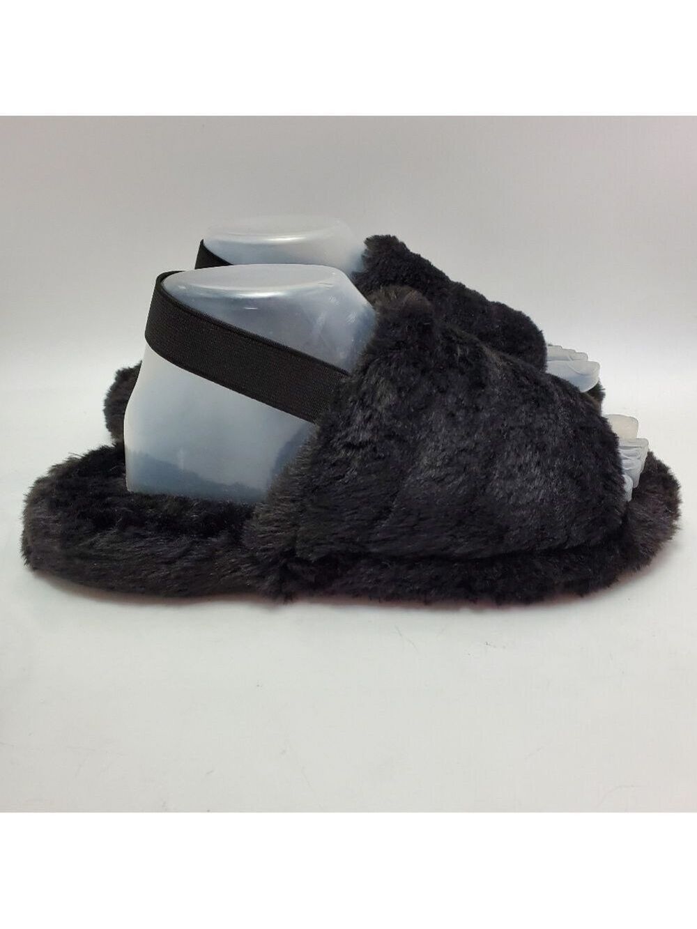Cozy Fluffy Mule Sling Back Elastic Strap Faux Fur Slippers Black Size Medium